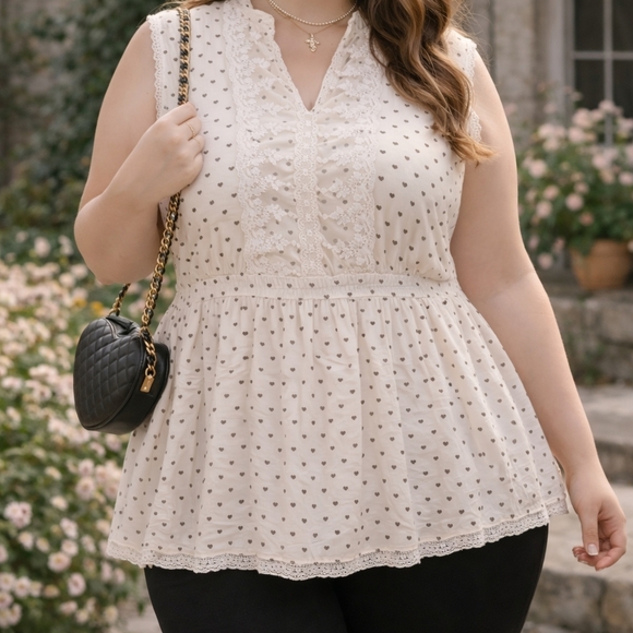 Rebellion Tops - Rebellion Hearts Cream Lace Heart Print Tunic Top 3X Coquette Romantic
